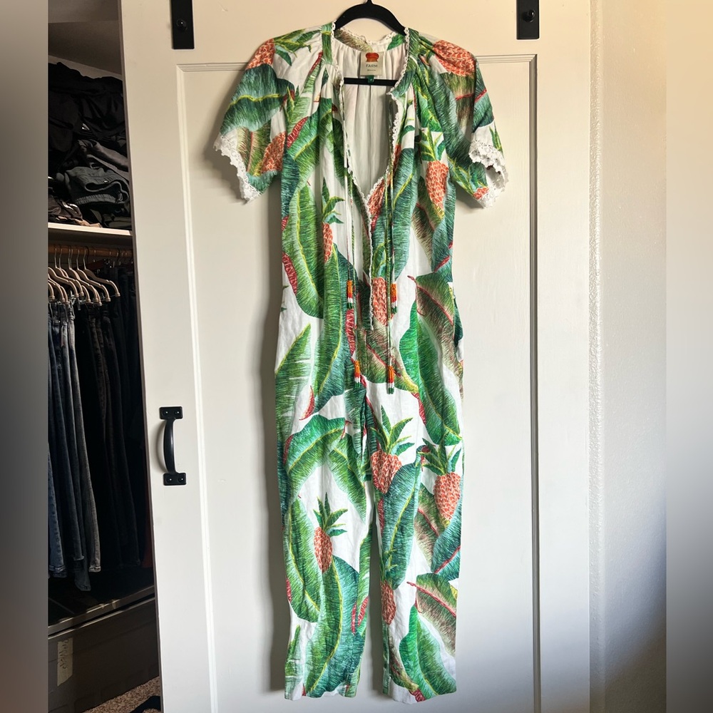 FARM Rio White Jumpsuit with Green Leaf & Orange Pineapple Print Size XS